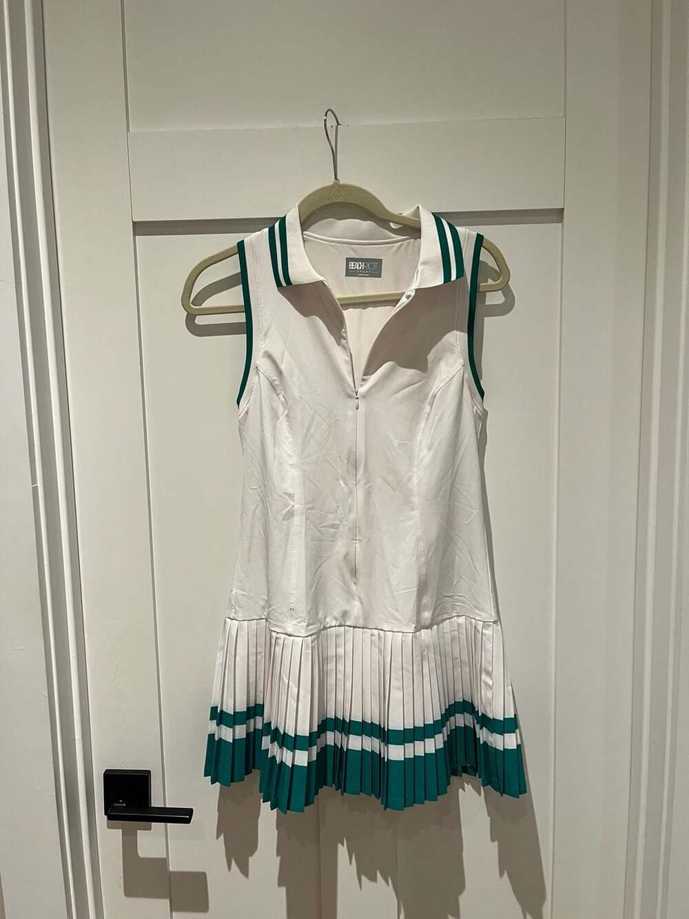Beach Riot Sport Bria Sleeveless Pleated Tennis Dress in White and Green - Picture 1 of 5